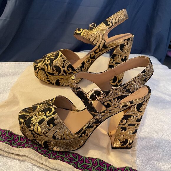 Tory Burch Gold/Black Brocade Fabric Loretta Platform Heels Size 11 - Picture 8 of 10